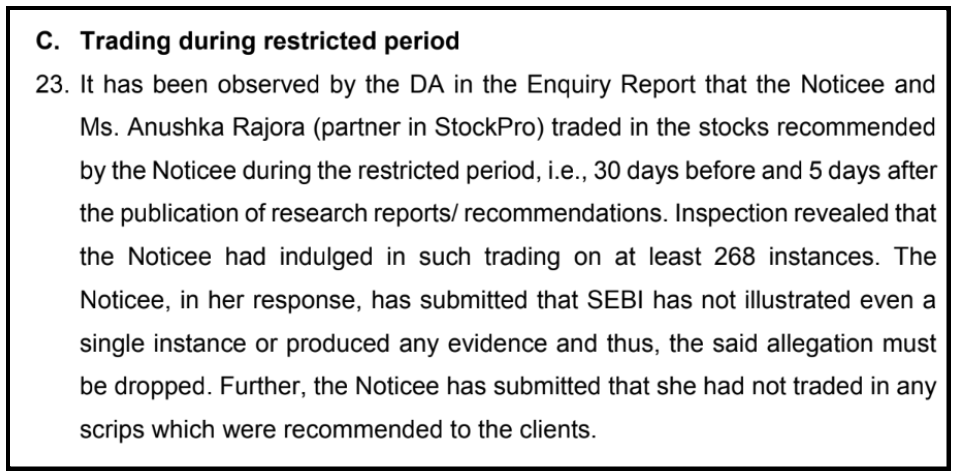 Legal excerpt from paragraph 23 of the SEBI Enquiry Report detailing trading during a restricted period by the Noticee and StockPro partner Anushka Rajora.