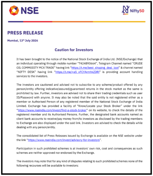 National Stock Exchange (NSE) press release dated July 13, 2026, cautioning against unregistered account handling.