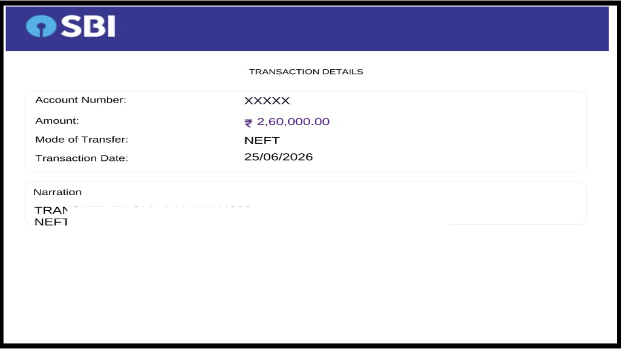 Bank transaction details showing an NEFT recovery of ₹2,60,000 from a stock market advisory fee dispute.