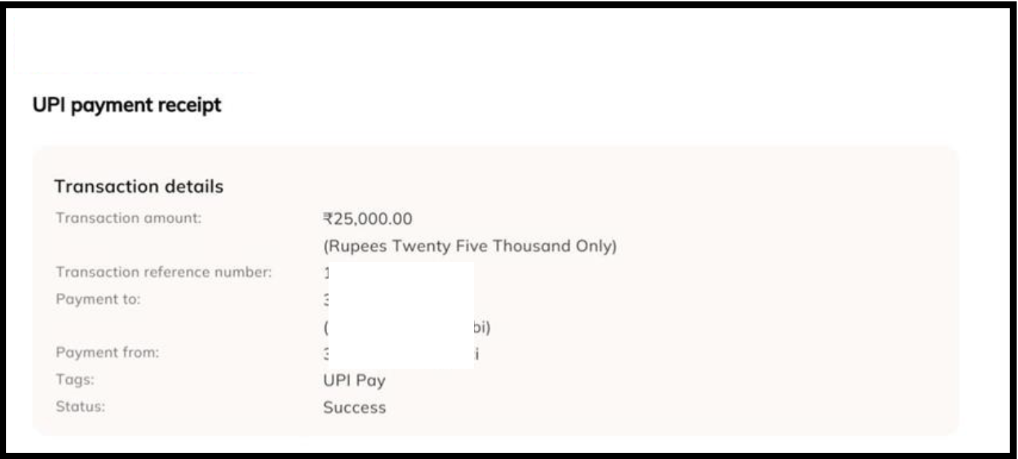 A screenshot of a payment receipt document for a transaction of ₹25,000.00, proving a partial advisory fee recovery.