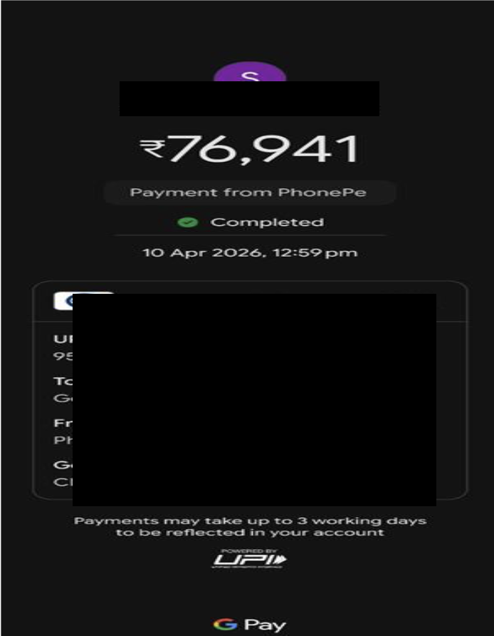 PhonePe payment screenshot showing a successful credit of ₹76,941 on 10 April 2026, used as proof of a full refund in a broker disputed transaction case.