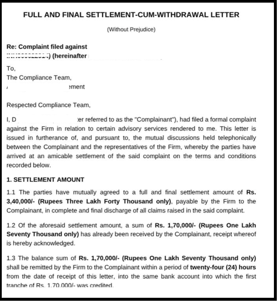 A full and final settlement-cum-withdrawal letter document confirming a refund of ₹3,40,000 to resolve a client complaint against a broker for account churning.