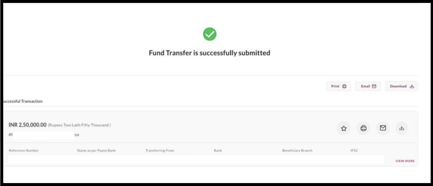A successful fund transfer confirmation screen showing a green checkmark icon with the text "Fund Transfer is successfully submitted".