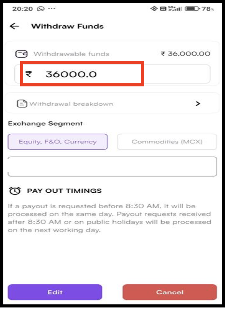 Screenshot of a mobile app screen showing a successful withdrawal request of 36,000 Rupees from a trading account.
