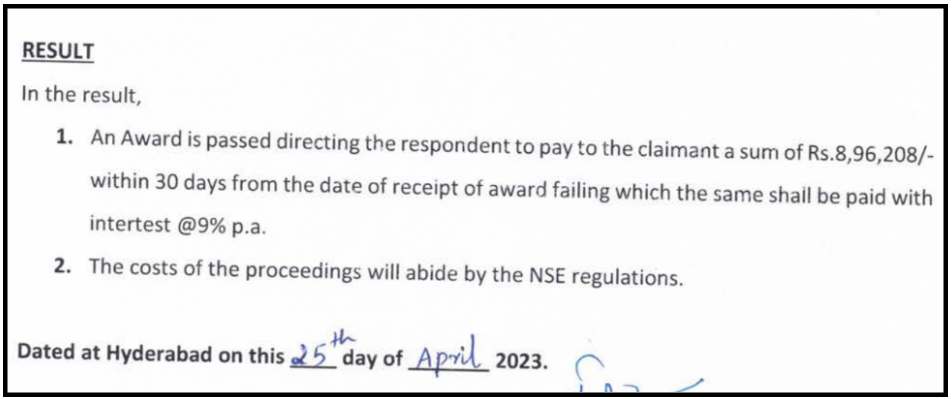 NSE arbitration appeal tribunal final order document snippet showing refund award of 8.96 lakh rupees against Angel One for unauthorised trading