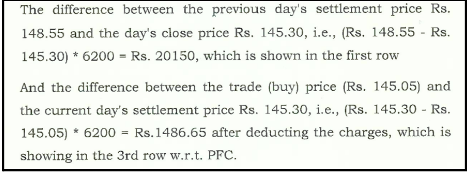 Excerpt from the NSE arbitration order detailing the calculation of the price difference between the previous day's settlement price and the current day's price for PFC shares.