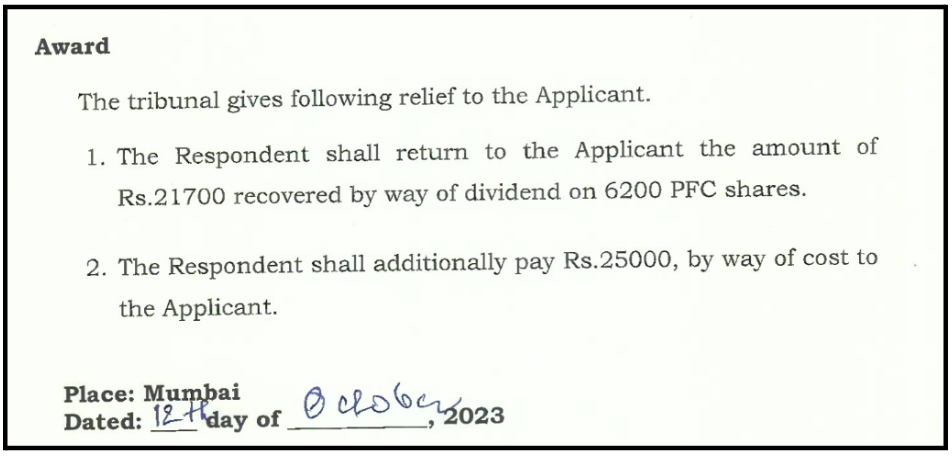the official NSE arbitration award document showing the tribunal's order directing the Respondent to return Rs. 21,700 and pay Rs. 25,000 in costs.