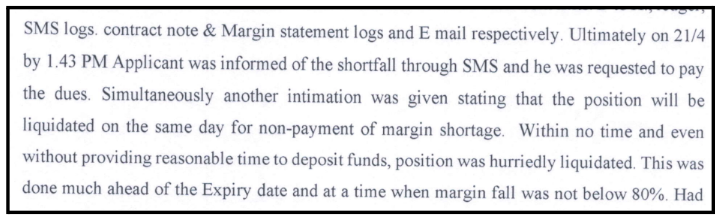 NSE arbitration order excerpt highlighting that Angel One informed the client of a margin shortfall at 1:43 PM and simultaneously gave an intimation that the position would be liquidated the same day without providing reasonable time to deposit funds.