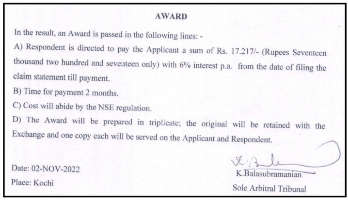 Official NSE arbitral tribunal award document excerpt directing Angel One to pay the applicant ₹17,217 with 6% interest p.a.