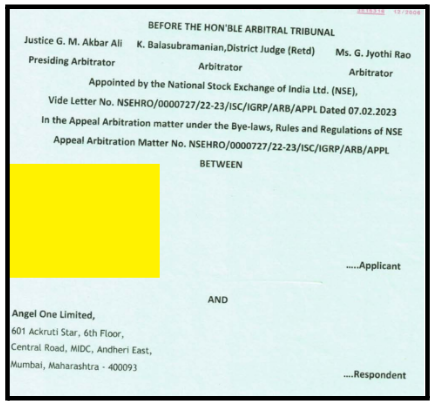 arbitration award document highlighting an unauthorized trading ledger or P&L statement used as legal evidence against Angel One.