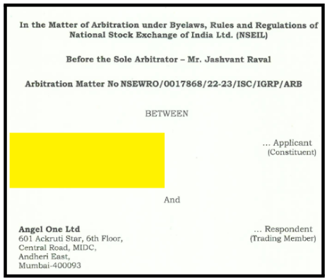 Official NSE arbitration award document cover page for a wrongful debit claim against Angel One Limited, used as proof in successful angel one arbitration cases.