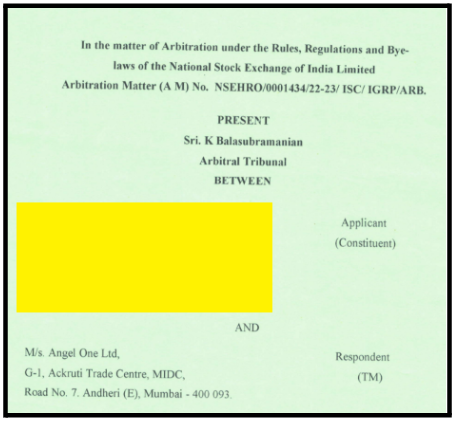 Official NSE arbitral tribunal award document cover page regarding an unauthorized square-off dispute against Angel One Limited, used as proof in successful angel one arbitration cases.