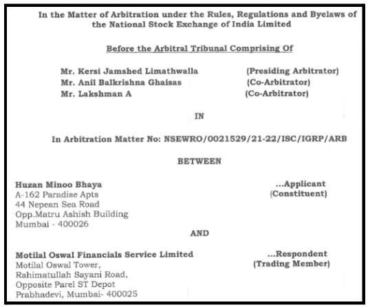 NSE arbitration award document order against Motilal Oswal Financial Services Limited.