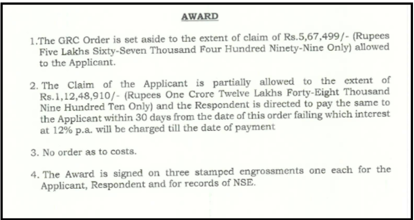 NSE arbitration award snippet ordering Motilal Oswal to pay ₹1,12,48,910 in unauthorized trading dispute.