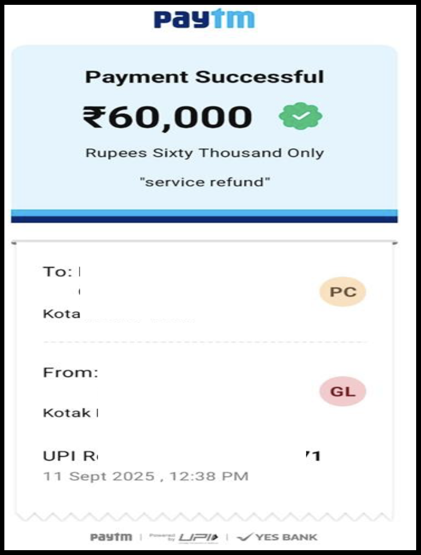 Paytm payment successful screenshot showing a service refund of ₹60,000.