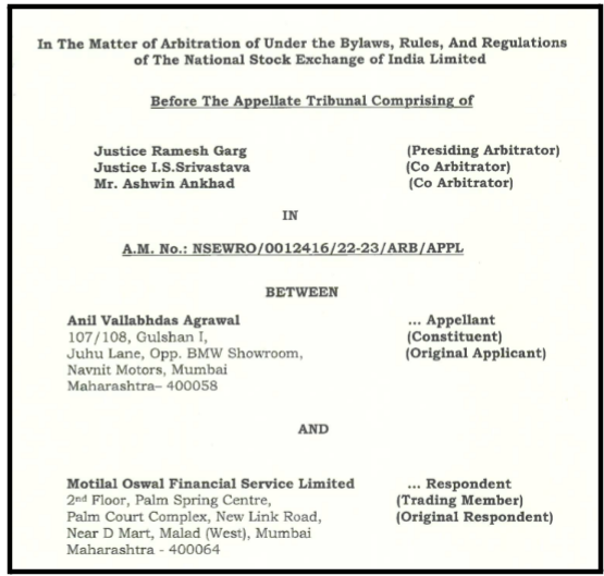NSE Appellate Tribunal arbitration award in the Motilal Oswal wrongful liquidation case