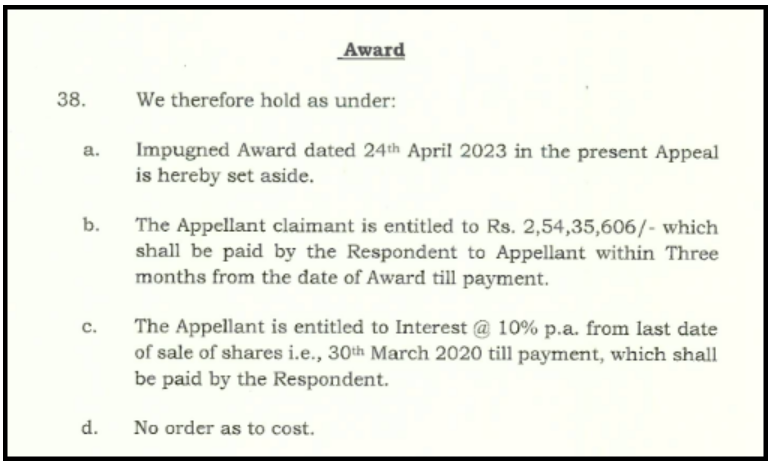 Award section from the NSE arbitration order directing Motilal Oswal to pay ₹2,54,35,606 with 10% interest
