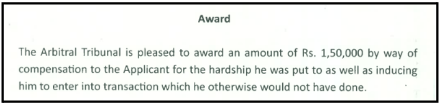 Motilal Oswal arbitration award snippet granting Rs 1,50,000 compensation for technical glitch and app display error.