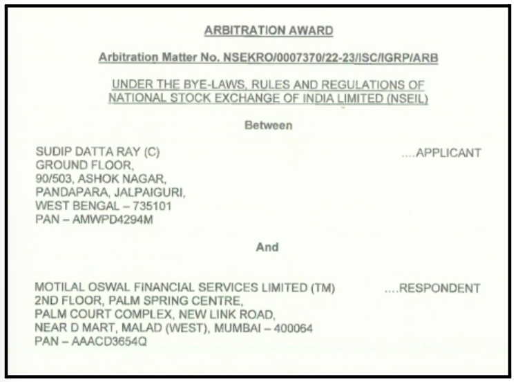 NSE arbitration award order document between Sudip Datta Ray and Motilal Oswal Financial Services Limited for churning brokerage refund