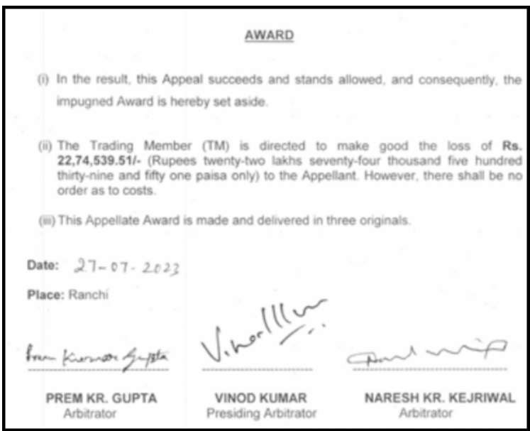 NSE appellate arbitration award order directing IIFL Securities to pay Rs 22.74 lakh for unauthorised trading