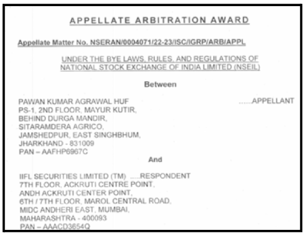 Appellate arbitration award document order against IIFL Securities Limited under NSE regulations