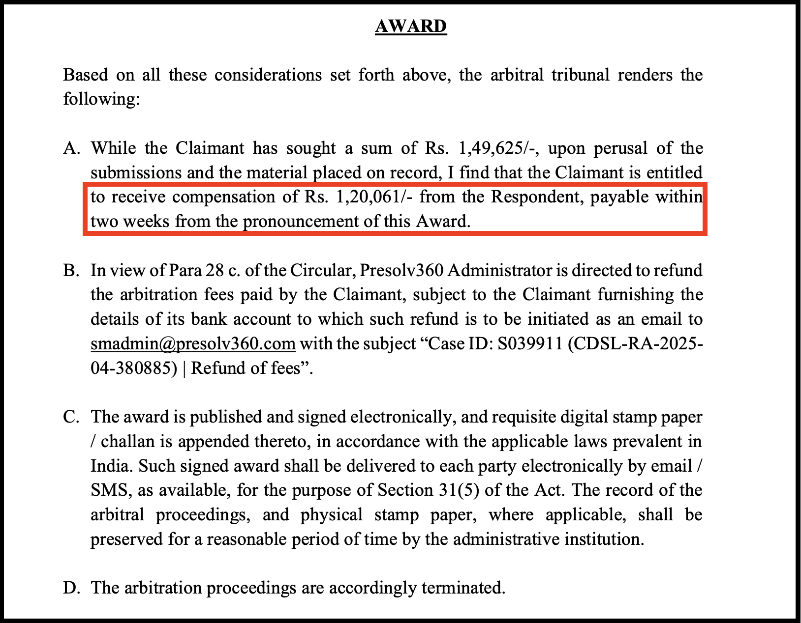 An arbitration award order directing Capital Craft Research to pay ₹1,20,061 compensation