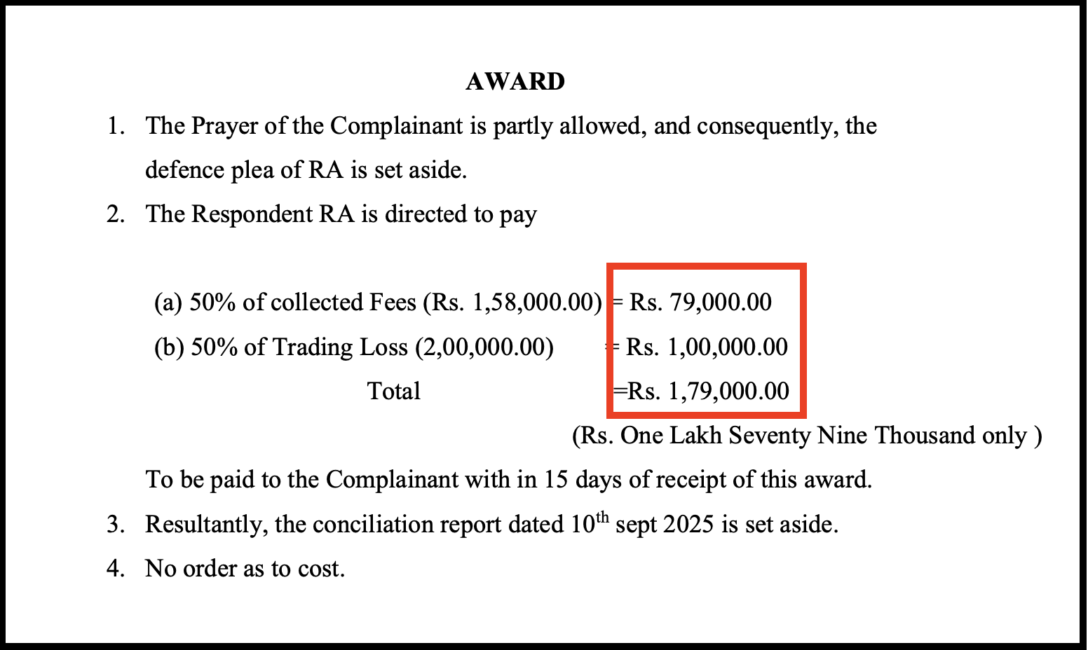 NSE arbitration award order directing Inspire Algo Research to pay ₹1,79,000 refund and compensation