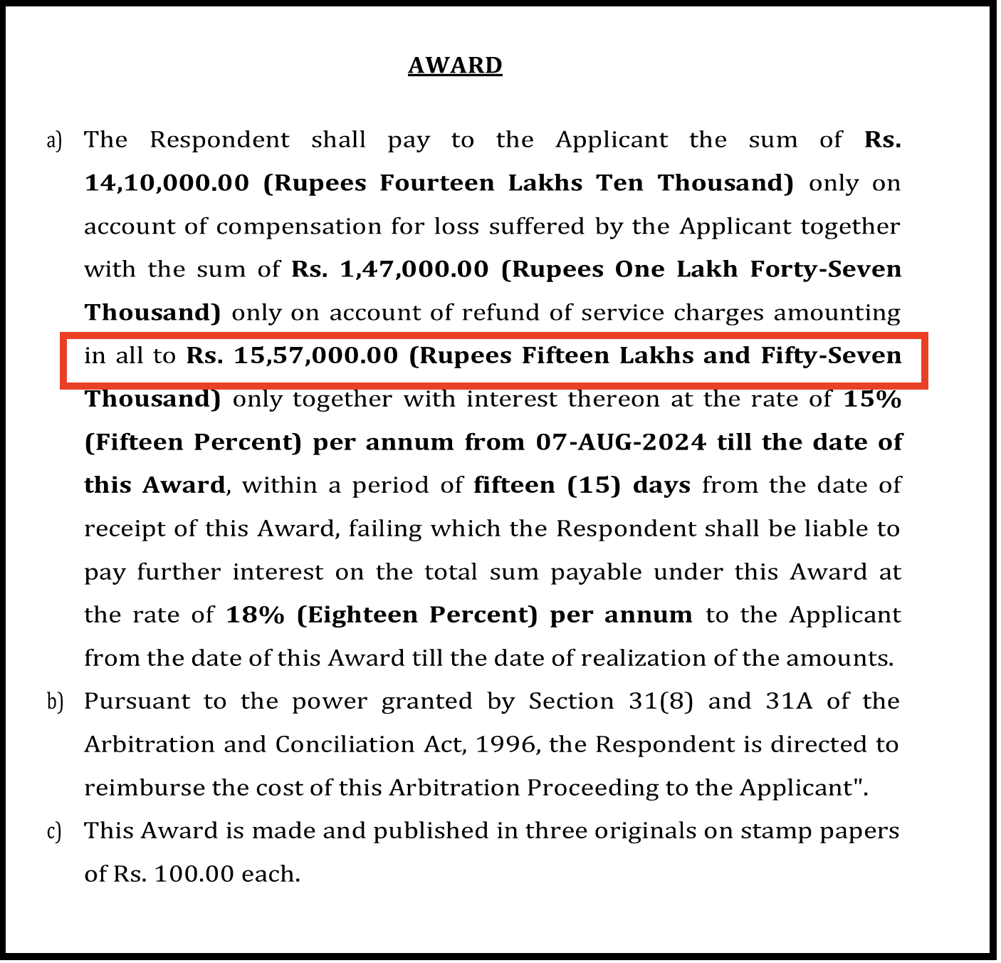 NSE arbitration award snippet ordering Aurostar to pay ₹15.57 lakh total compensation.