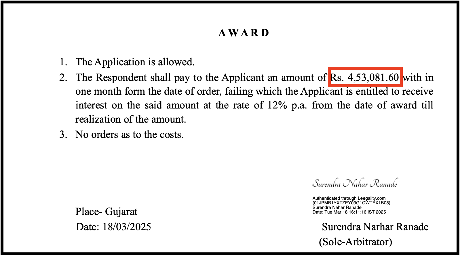 NSE arbitration award ordering Moneylicious Securities to pay ₹4.53 lakh.