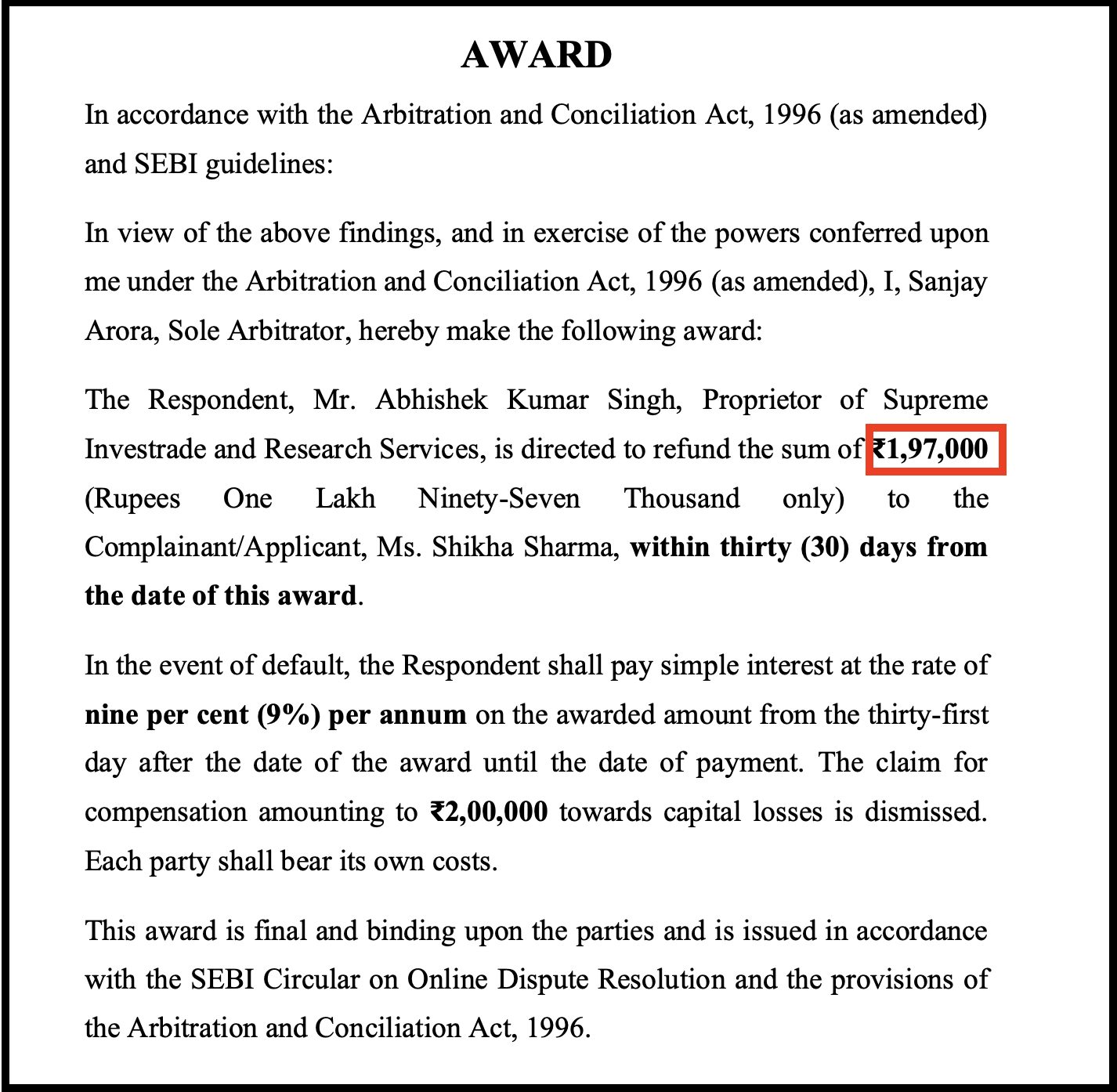 NSDL arbitration award order directing Supreme Investrade to refund ₹1,97,000 to Ms. Shikha Sharma