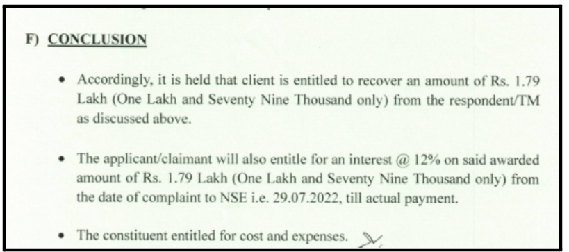 NSE arbitration award conclusion page showing ₹1.79 lakh compensation order against IIFL Securities with 12 percent interest.