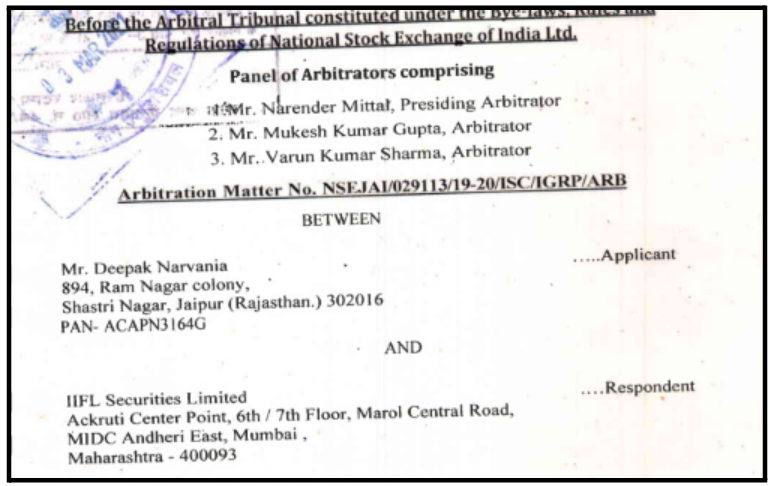 NSE Arbitral Tribunal order document showing Deepak Narvania vs IIFL Securities Limited arbitration case