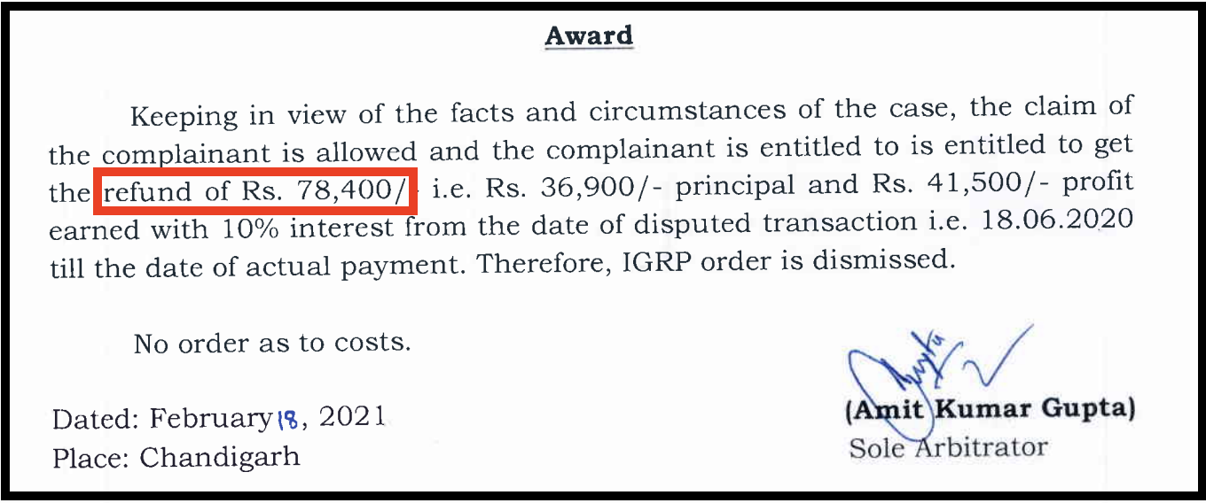 5Paisa arbitration award document copy ordering a refund of ₹78,400 with 10% interest