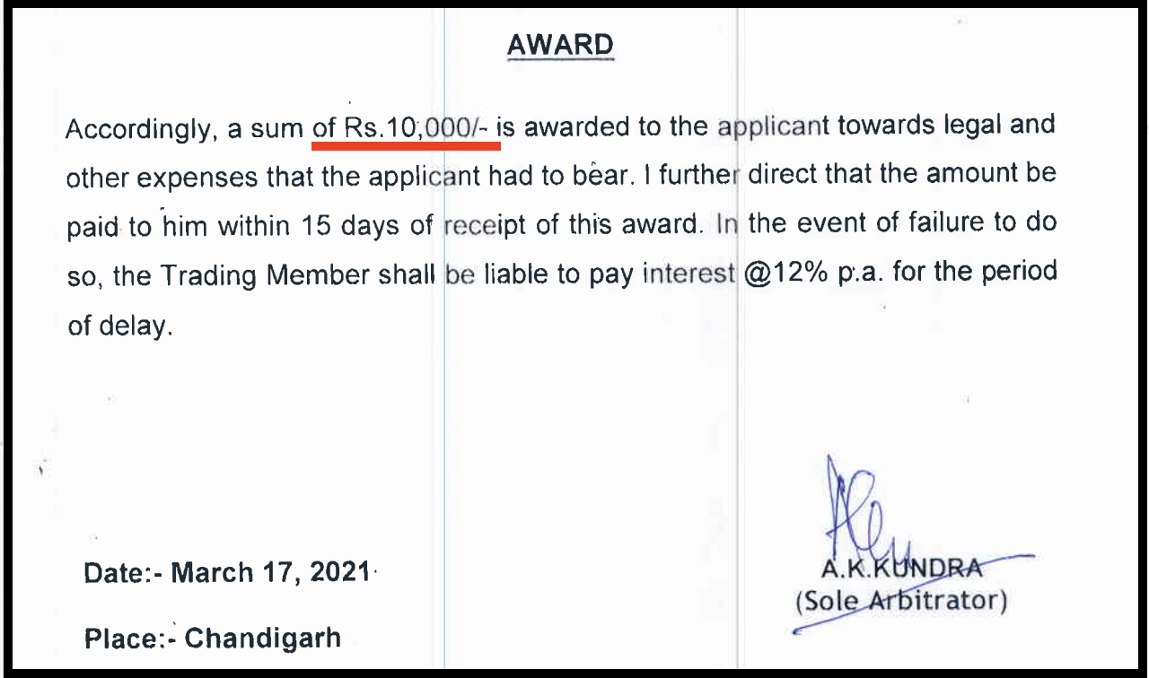 NSE arbitration award snippet ordering 5Paisa to pay ₹10,000 for auto-renewed subscription plan dispute