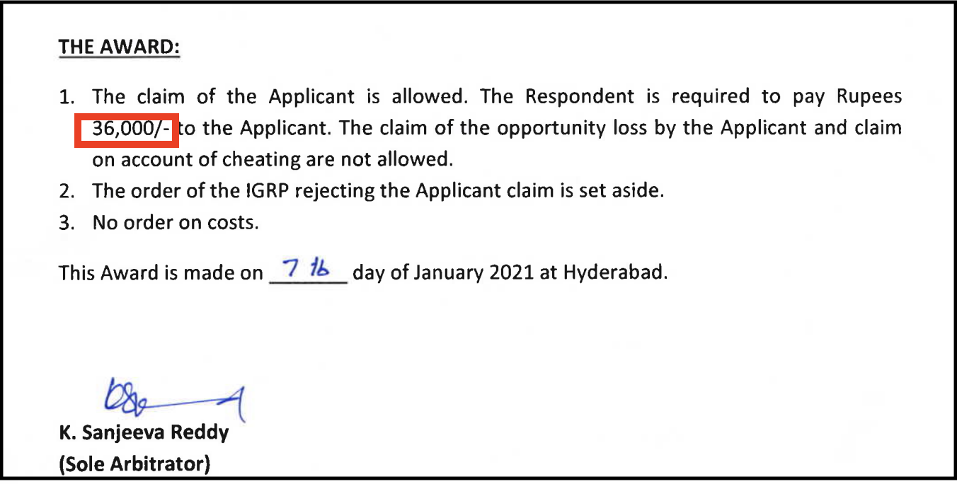 NSE arbitration award snippet ordering 5Paisa to pay ₹36,900 principal plus 10% interest for app execution error