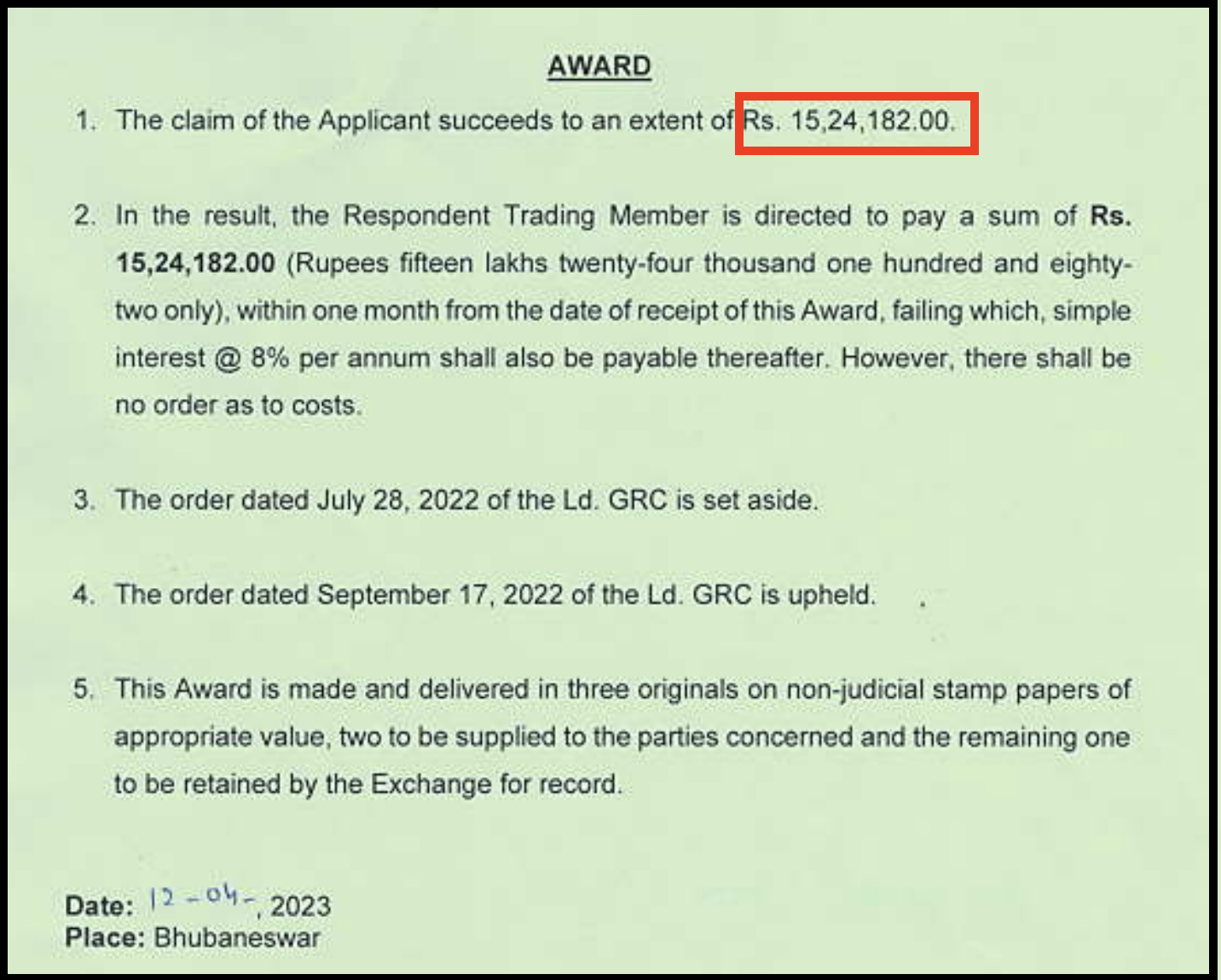NSE arbitration award order copy directing 5Paisa to refund ₹15,24,182 for technical glitch and forced square-off