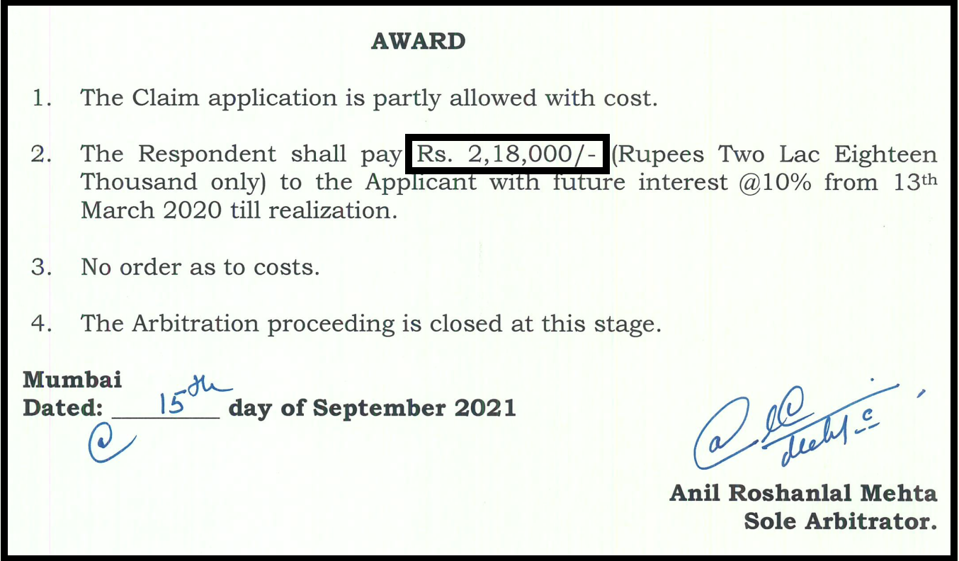 NSE arbitration award order directing Sharekhan to refund ₹2.18 lakh with 10% interest to an investor.