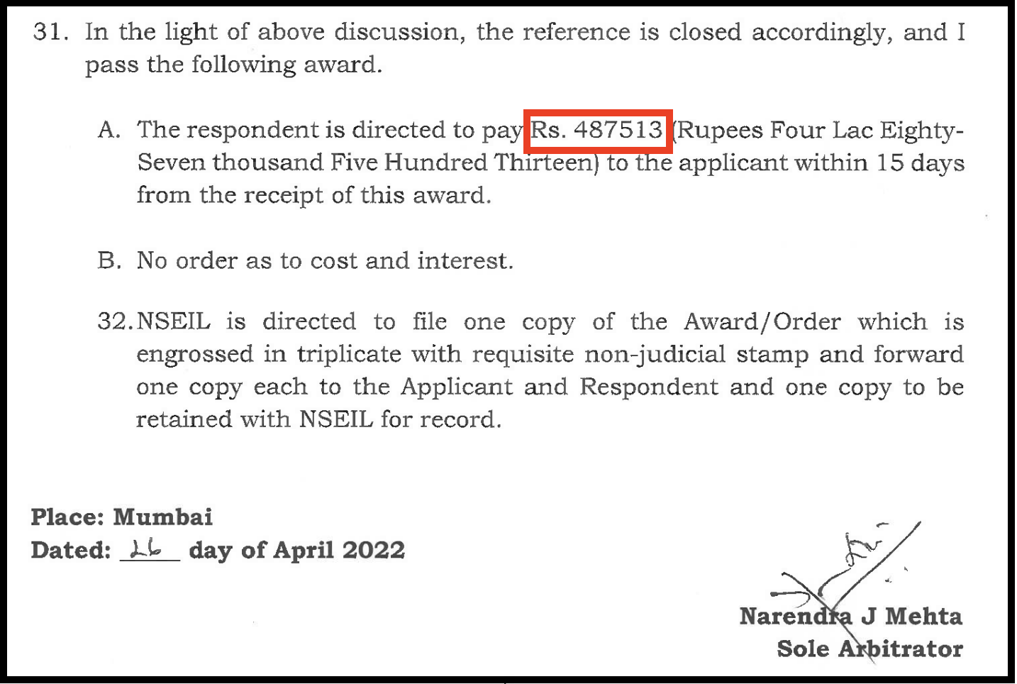 NSE arbitration award order directing Sharekhan to refund ₹4,87,513 in excess brokerage charges.