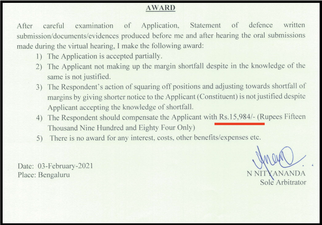 NSE arbitration award order copy compensating client Rs 15,984 for improper margin square-off notice by Sharekhan.