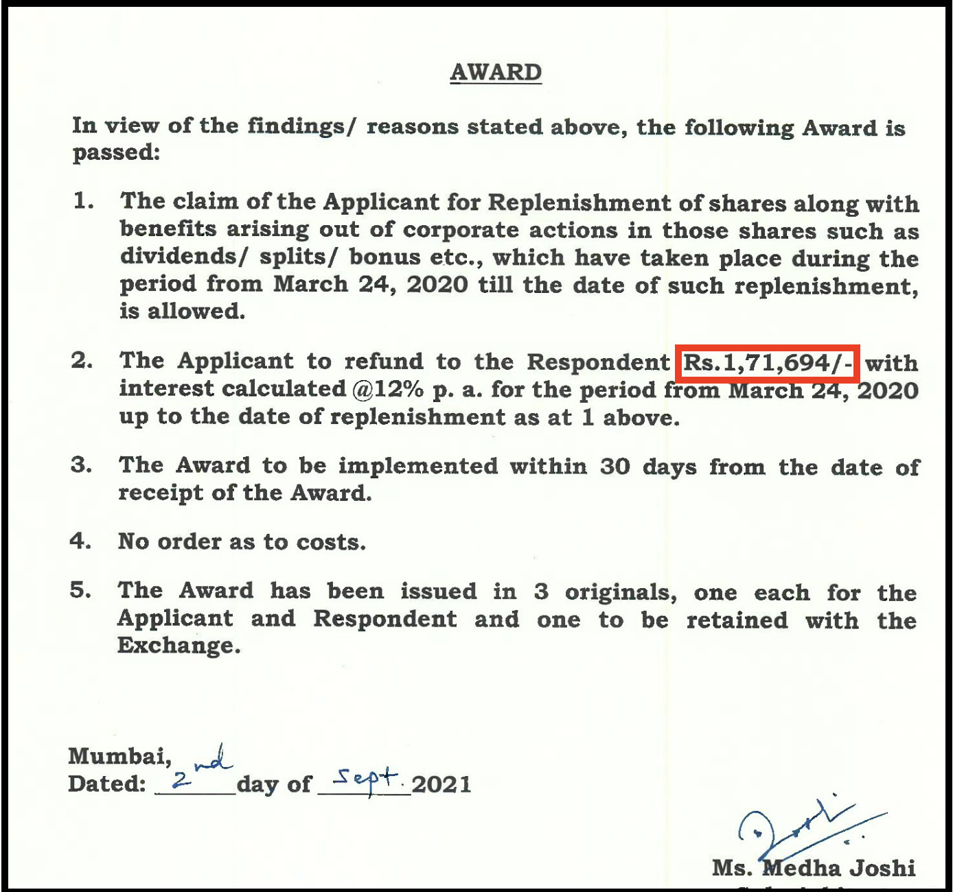 NSE arbitration award order copy ordering full replenishment of shares against Sharekhan.