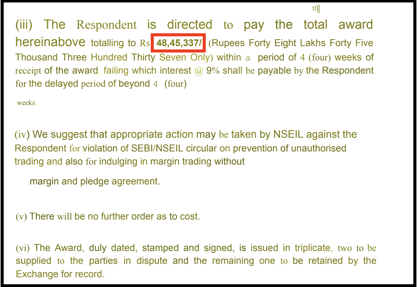 Excerpt of NSE arbitration award order directing Kotak Securities to pay ₹48,45,337 and recommending action by NSEIL for margin trading violations.