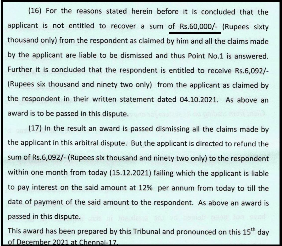 Excerpt of NSE arbitration award order dismissing applicant's 60,000 rupee claim and directing refund of 6,092 rupees.