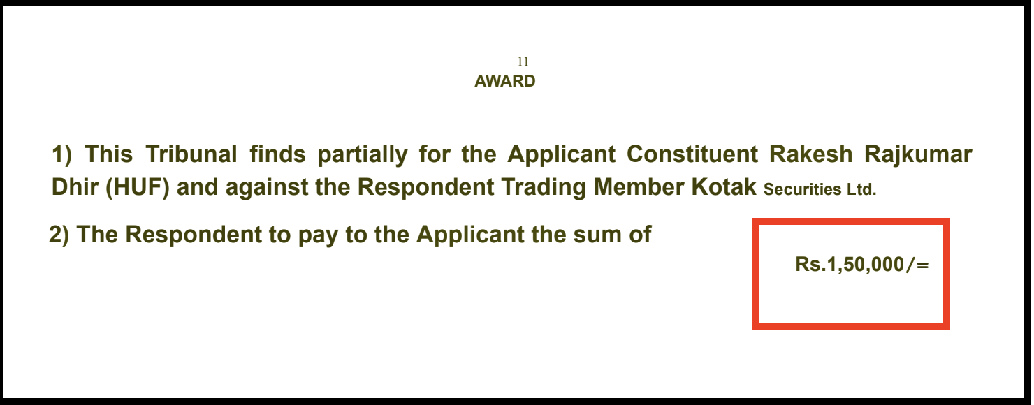 NSE arbitration award order excerpt directing Kotak Securities to pay 1.5 lakh rupees to the applicant.