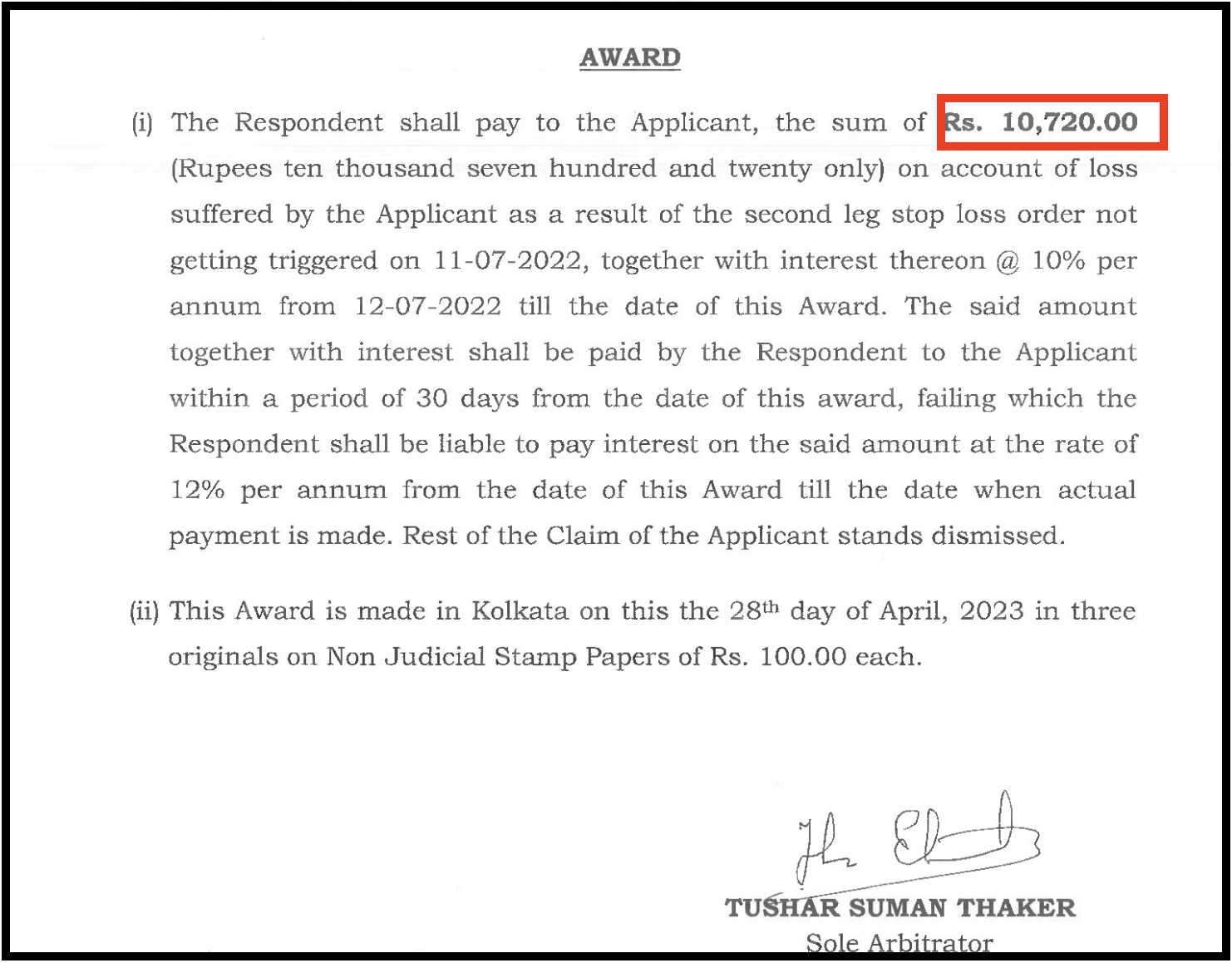 NSE arbitration award order directing Kotak Securities to pay Rs 10720 for unexecuted stop loss order
