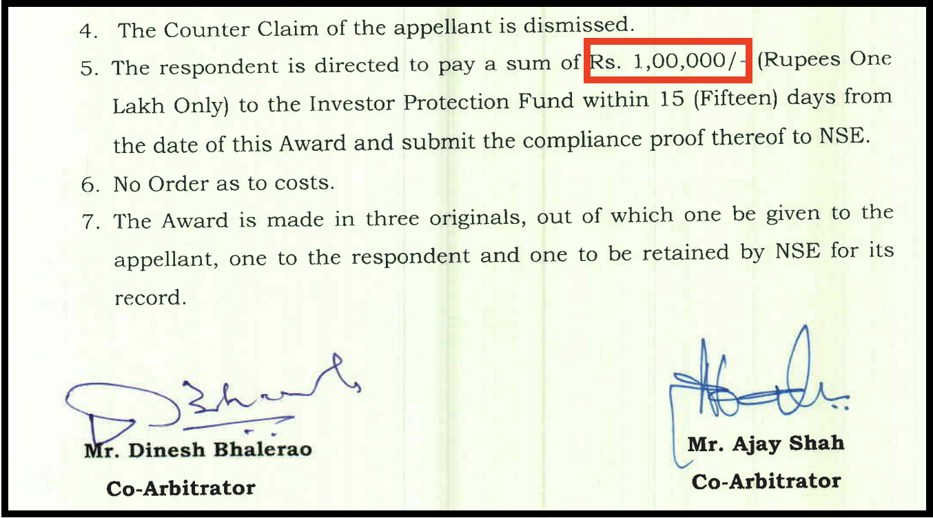 Excerpt of official NSE arbitration award order against Kotak Securities for technical glitch compensation