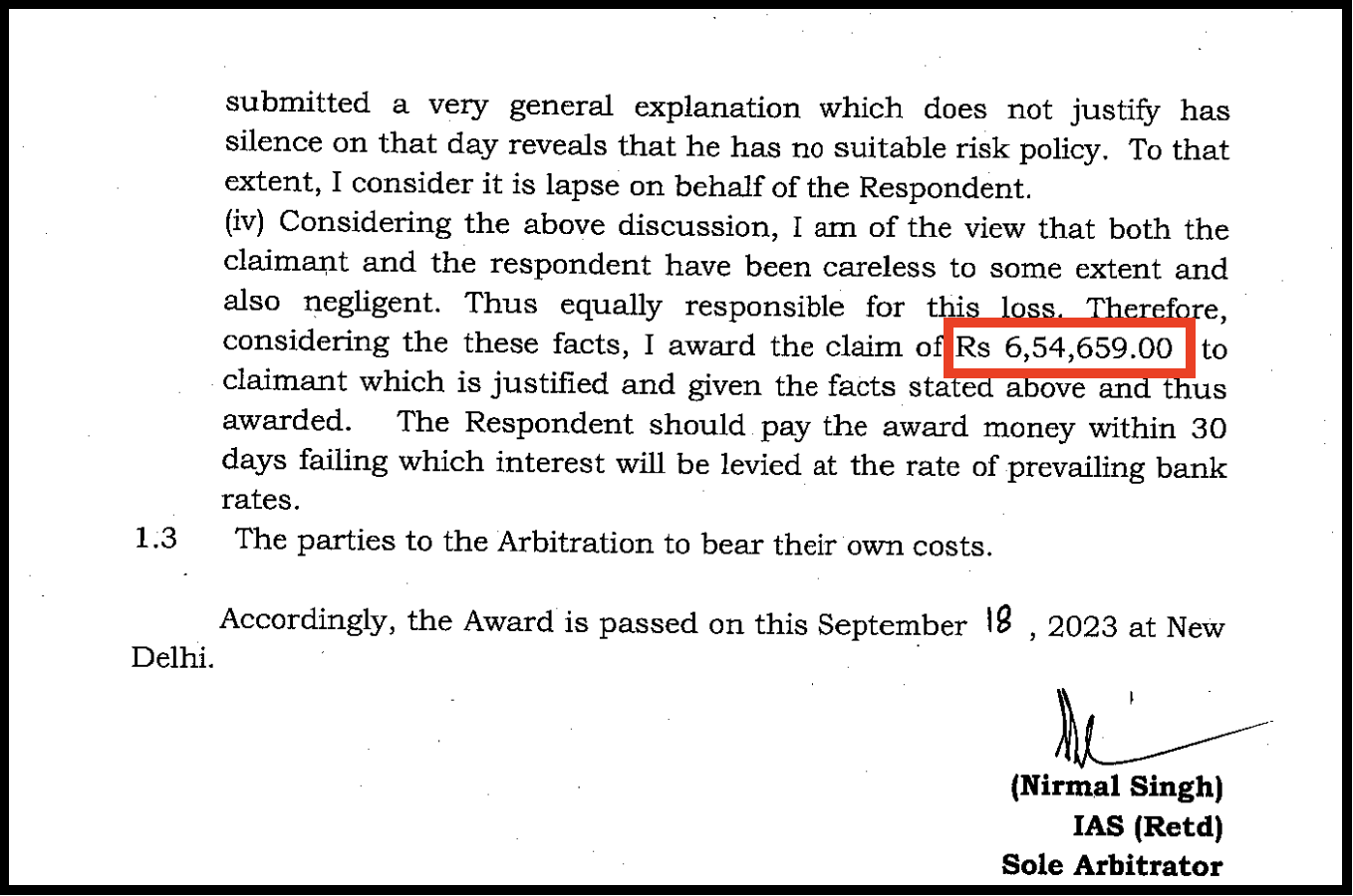 Excerpt of NSE arbitration award order directing broker to pay ₹6,54,659 for unauthorized trading and lack of risk policy.