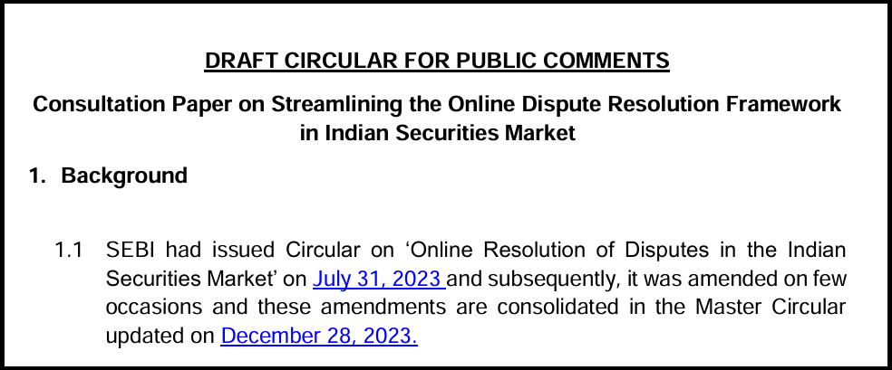 SEBI ODR consultation paper 2026 header excerpt with "public comments" date.