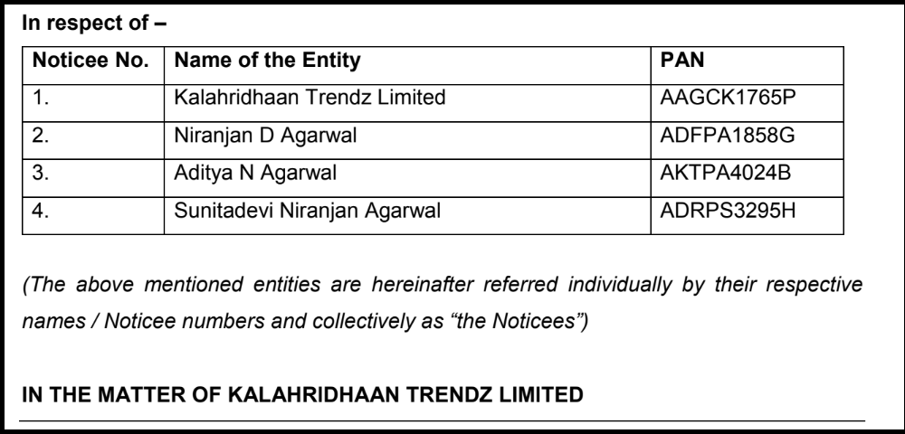 SEBI order details listing Kalahridhaan Trendz Limited and promoter directors barred from market