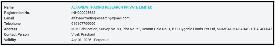 SEBI registration details for Alfaview Trading Research Private Limited.