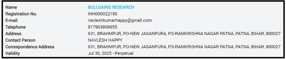 SEBI Research Analyst registration details for Bullgains Research under registration number INH000022190